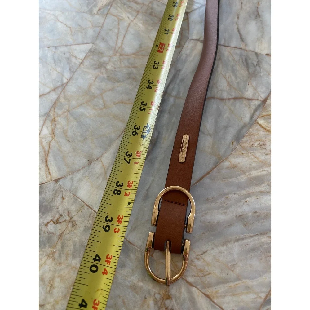 Steve Madden Cognac Brown Faux Leather Belt Gold Oval Buckle Slim Classic 40in